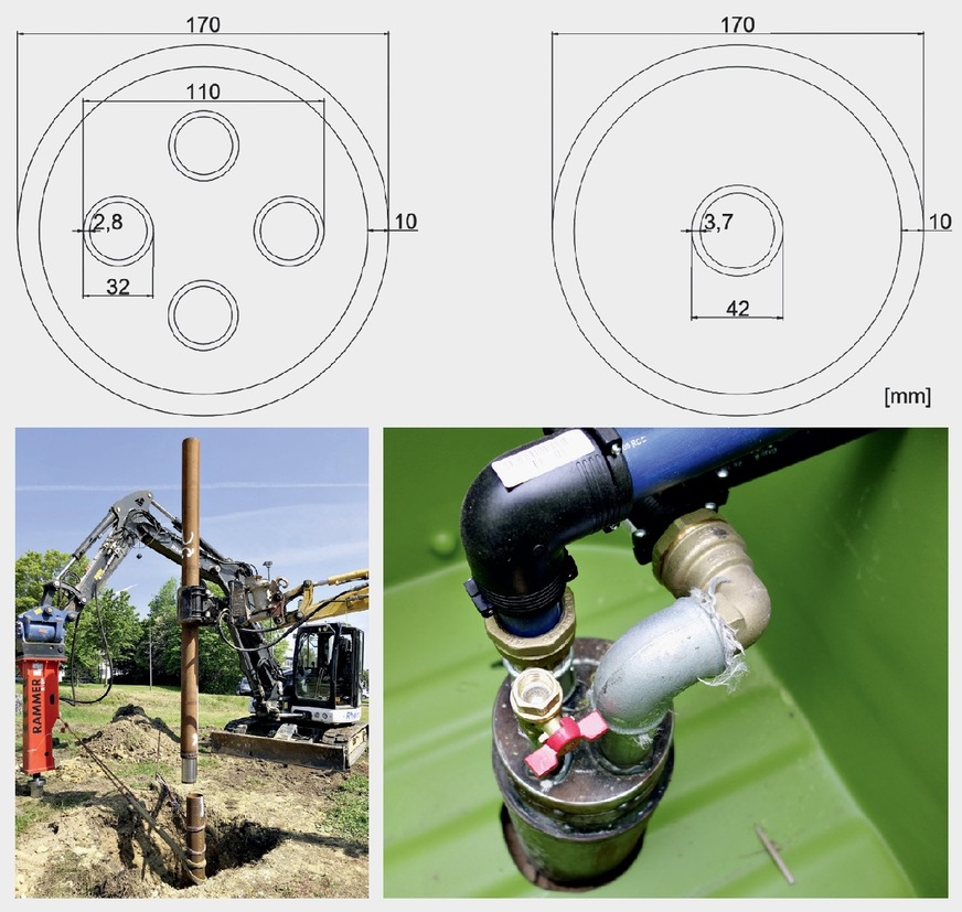 Bild 8 Oben: Stahlenergiepfähle (links: mit Doppel-U-Sonde, rechts: als Koaxialsonde). Einbau des Stahlenergiepfahls und der Sondenkopf mit Anbindeleitungen.
