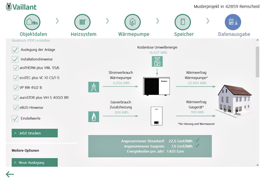 Bild 7 Aus den Daten werden abschließend PDF-Dateien zur Auslegung, mit Installationshinweisen und mit Einstellwerten der Wärmepumpenanlage erzeugt.