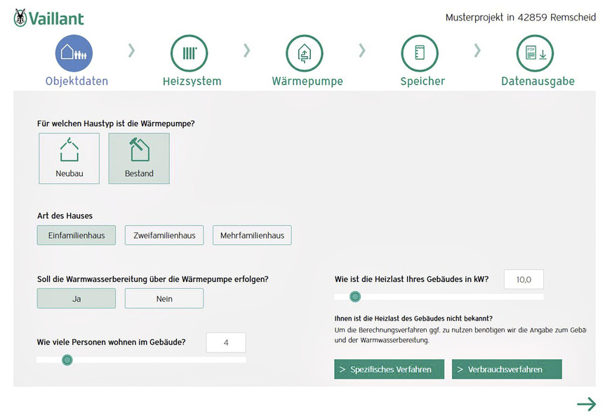 Bild 4 Der Weg durch das Tool beginnt mit der Eingabe der Postleitzahl als Grundlage für die Berechnung der Normaußentemperatur. Für die Berechnung der Heizlast stehen zwei einfache Verfahren zur Verfügung.