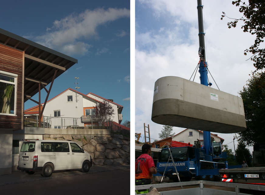 Die Michael-Gemeinschaft e. V., eine Jugendhilfeeinrichtung im Landkreis Lörrach, hat 2019 ihre Wärmeversorgung von Heizöl auf Holzpellets umgestellt. In den Hang hinter der Natursteinmauer wurde das Pelletlager integriert. Rechts: Befahrbarer Ovalbehälter für Holzpellets aus Stahlbetonfertigteilen, hier beim Versetzen vom Lieferfahrzeug in das Hanggelände. Das Pelletlager hat ein nutzbares Volumen von 30 m3 (19,5 t Holzpellets).