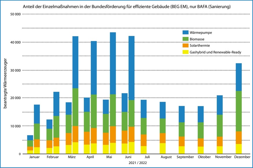 Monatliche Zahl der Wärmeerzeuger, für die beim BAFA von Januar 2021 bis Juni 2022 eine Förderung im Rahmen der Bundesförderung für effiziente Gebäude als Einzelmaßnahme (BEG EM) beantragt worden ist.