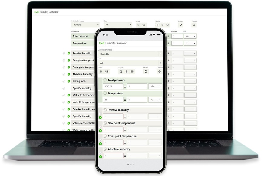 Der E+E Feuchterechner berechnet alle relevanten feuchtebezogenen Messgrößen und auch den Drucktaupunkt.