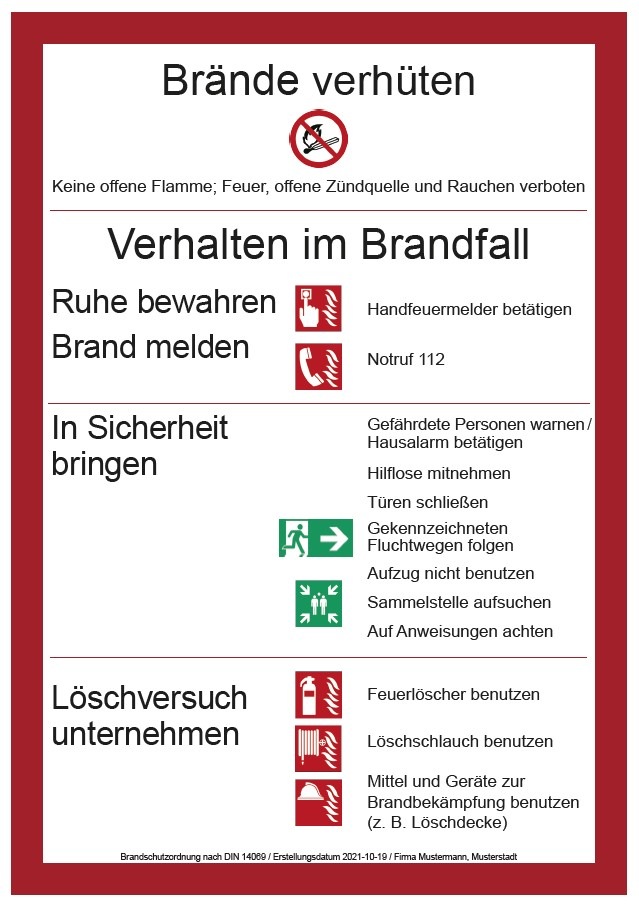 Muster einer Brandschutzordnung Teil A – Beispiel für ein Gebäude, in dem Handfeuermelder, Aufzug, Löschschlauch (Wandhydrant) sowie Mittel und Geräte zur Brandbekämpfung vorhanden sind.