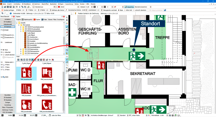 Bild 5 Die Brandschutzsymbole lassen sich aus dem Katalog meist per Drag-and-drop in den Plan einfügen.