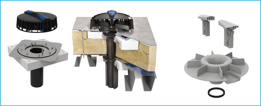 Bild 2 Der modulare Pluvia-Dachwassereinlauf erlaubt die Entwässerung vielfältiger Dachkonstruktionen. Mit dem Notüberlauf-Set (rechts) wird er für die Funktion 