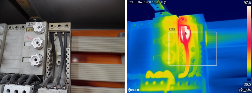 Bild 2 Beim ersten Blick in den Schaltschrank ist noch kein Problem zu erkennen. Das Thermogramm macht jedoch eine im Anschlussbereich lokal begrenzte Überhitzung eines Außenleiters sichtbar.