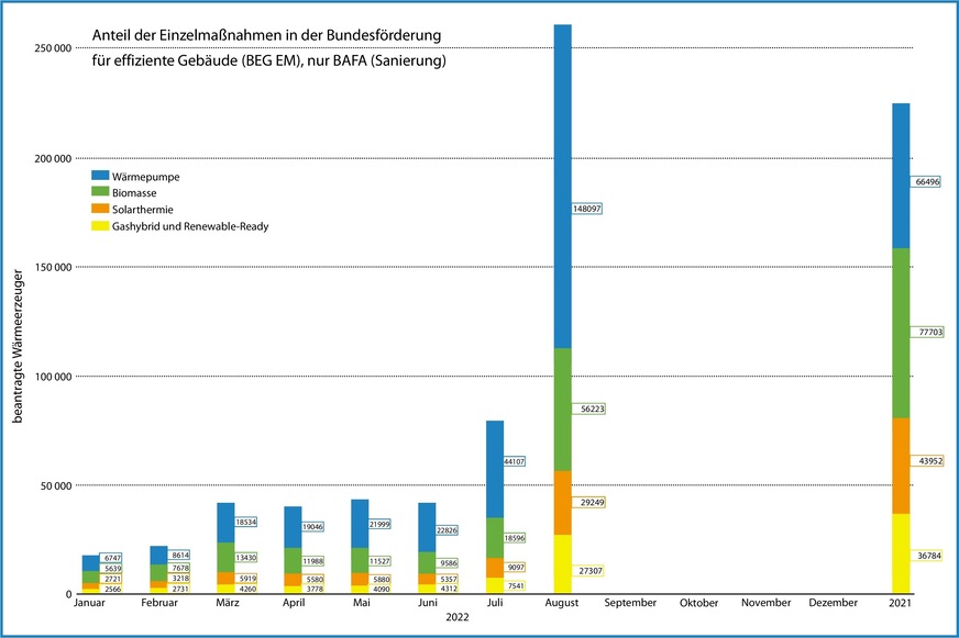 Monatliche Zahl der Wärmeerzeuger, für die beim BAFA von Januar bis August 2022 / im gesamten Jahr 2021 eine Förderung im Rahmen der Bundesförderung für effiziente Gebäude als Einzelmaßnahme (BEG EM) beantragt worden ist.