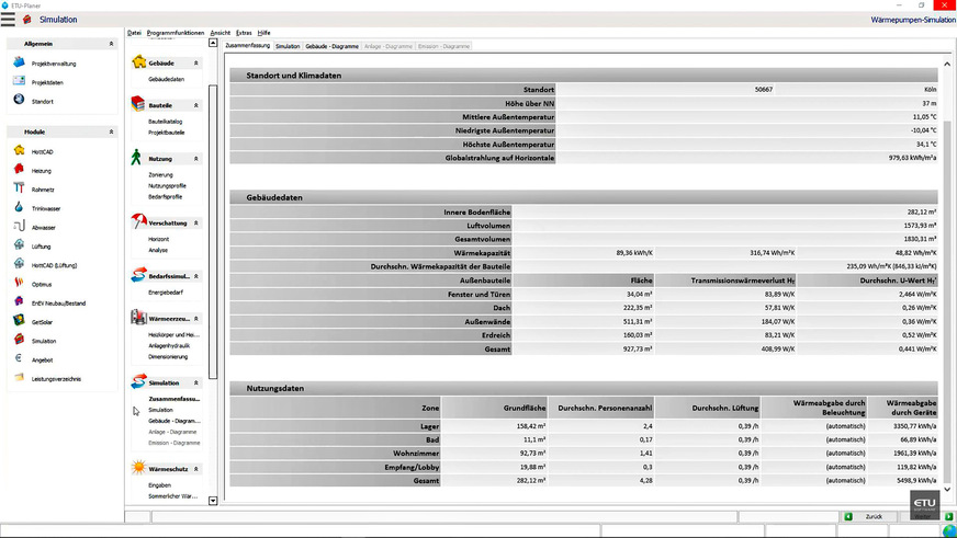 Bild 5 Vor der Berechnung steht die Eingabe der Standort-, Klima-, Gebäude- und Nutzungsdaten, …