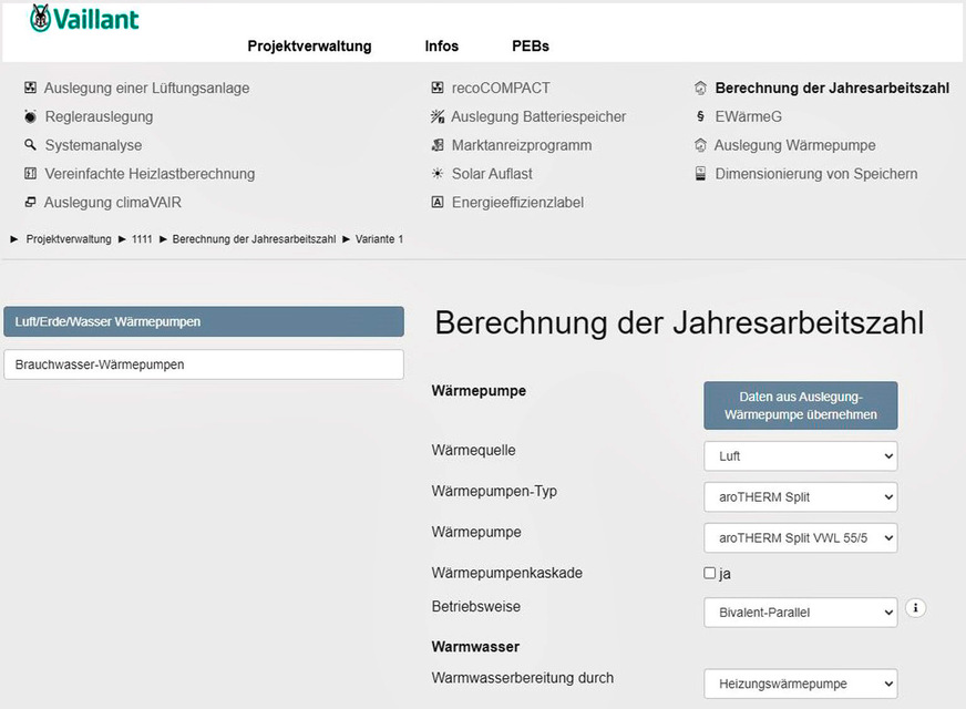 Bild 2 Für die Wärmepumpen-Planung werden herstellerspezifische Auslegungsprogramme offeriert, …