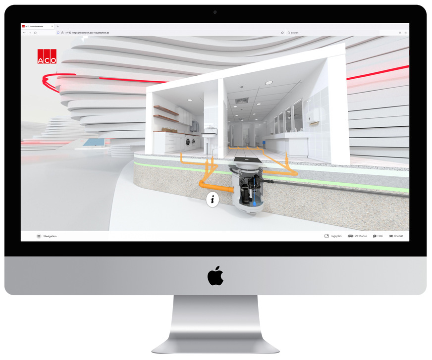 Optimierte Navigation, neue Produkte, ergänztes Informationsspektrum und der Einsatz multimedialer Elemente im neuen virtuelle Showroom von ACO Haustechnik.