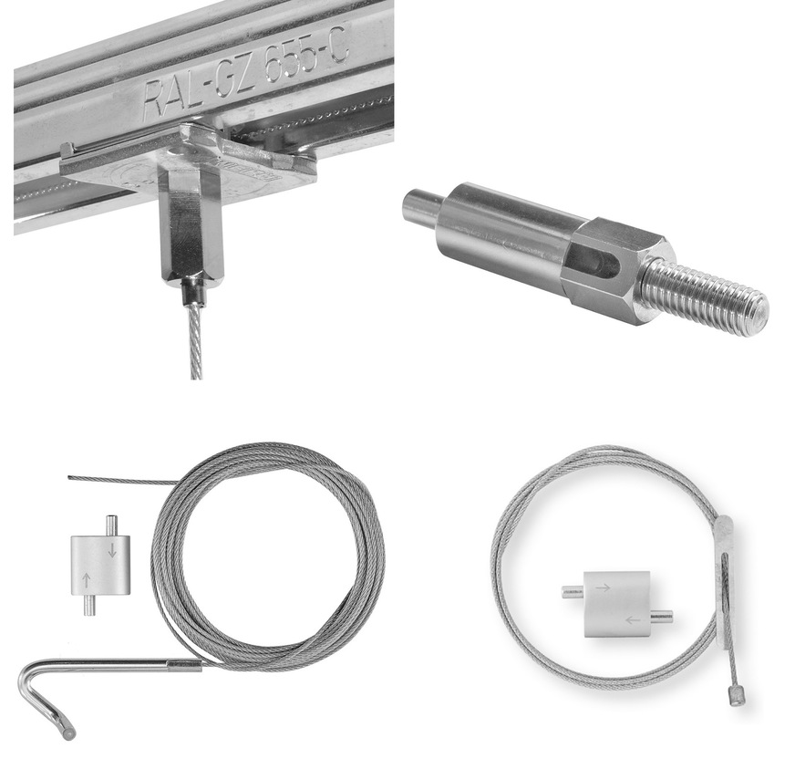 Bild 3 Für das Seilsystem L-Fix gibt es mehrere „Anschlüsse“. Oben (v. l.): L-Fix-Verbinder axial, L-Fix-Verbinder tangential. Unten (v. l.): L-Fix Trapezblechhaken und L-Fix Queranker.