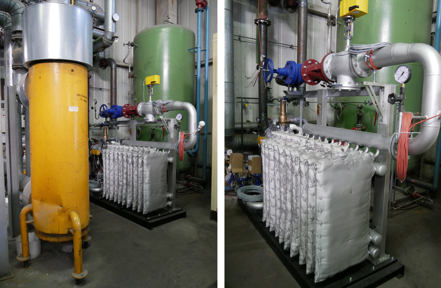 Bild 3 und 4 Eine der bisherigen Dampf-Wärmeübergabestationen (links) und die neue Dampf-Wärmeübergabestation Modulo mit zehn Modulen. Die Wärmedämmung kann für Wartungszwecke sehr einfach entfernt werden.