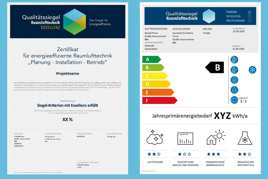 Zertifikat für Raumlufttechnik: Ein unabhängiger Prüfer bestätigt in drei Projektphasen mit einem Zertifikat, dass die Raumlufttechnik in einem Gebäude die Kriterien des Qualitätssiegels erfüllt. Ein Energielabel zeigt für jede einzelne Anlage, wie energieeffizient sie arbeiten wird, welche Funktionen sie erfüllt und welche weiteren wichtigen Eigenschaften sie hat.