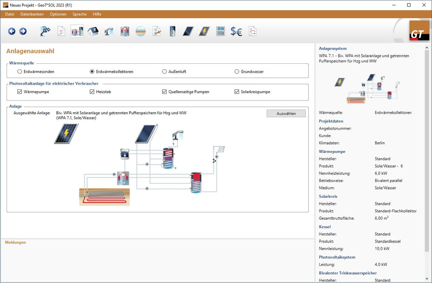 Valentin: Anlagenauswahl in GeoT*SOL 2023, Wärmepumpe mit Photovoltaik kombiniert.