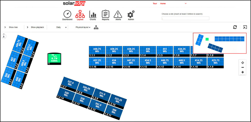 Bild 5 Die im Anlagenlayout dargestellte Systemleistung ermöglicht eine Überwachung auf Modulebene und Probleme auf einer virtuellen Sitemap zu lokalisieren. Wartungskosten werden so gesenkt und der Ertrag des Systems gesichert.