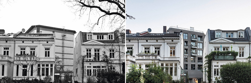 Der Hochbunker in Hamburg vor dem Umbau (Bild links) und nach dem Umbau (Bild rechts). Wo in Kriegszeiten 1560 Personen Schutz finden konnten, wird heute auf sechs Etagen gewohnt.