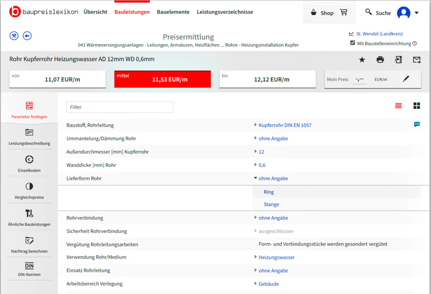 Bild 6 Für Handwerker-Angebote gliedern einige Datenbanken auch alle Einzelkosten detailliert auf, bis zu den einzelnen, für die Leistung benötigten Baustoffen mit ihrem Mengenbedarf.