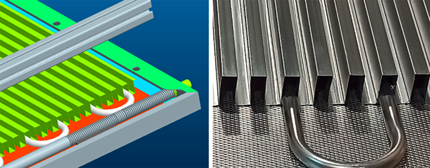 Bild 6 CAD-Konstruktionsansicht (links) und Detailansicht (rechts) des PVT-Kollektors mit rückseitiger Oberflächenvergrößerung durch Alulamellen.