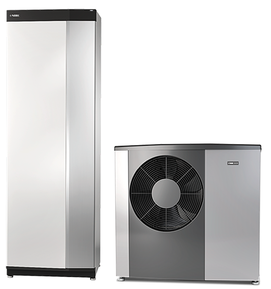 Nibe: S2125-Außeneinheit und VVM-Inneneinheit (links).