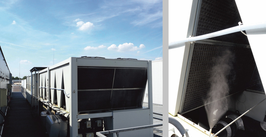 Bild 3 Kälteanlage auf dem Dach einer Fertigungshalle bei Hella mit einer nachgerüsteten Verdunstungskühlung über Hochdruckdüsen für die über den Rückkühler angesaugte Umgebungsluft.