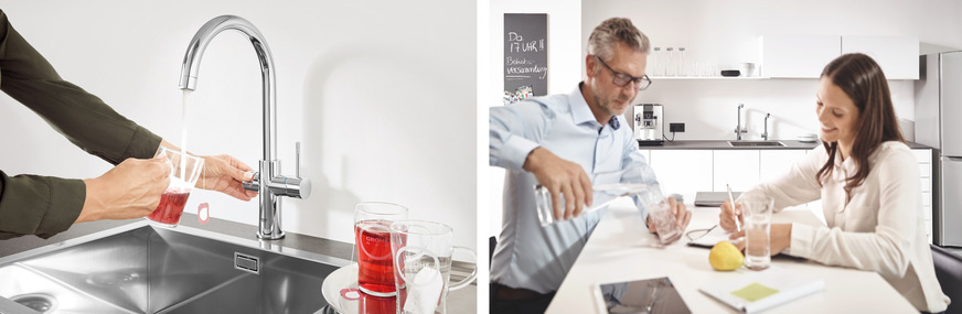 Bild 7: Für die Zubereitung von Tee bietet Grohe Red mit kochend heißem Wasser auf Knopfdruck die passende Lösung. Rechts: Nachhaltiges und komfortables Trinkwassersystem für die Büroküche – Grohe Blue Professional.