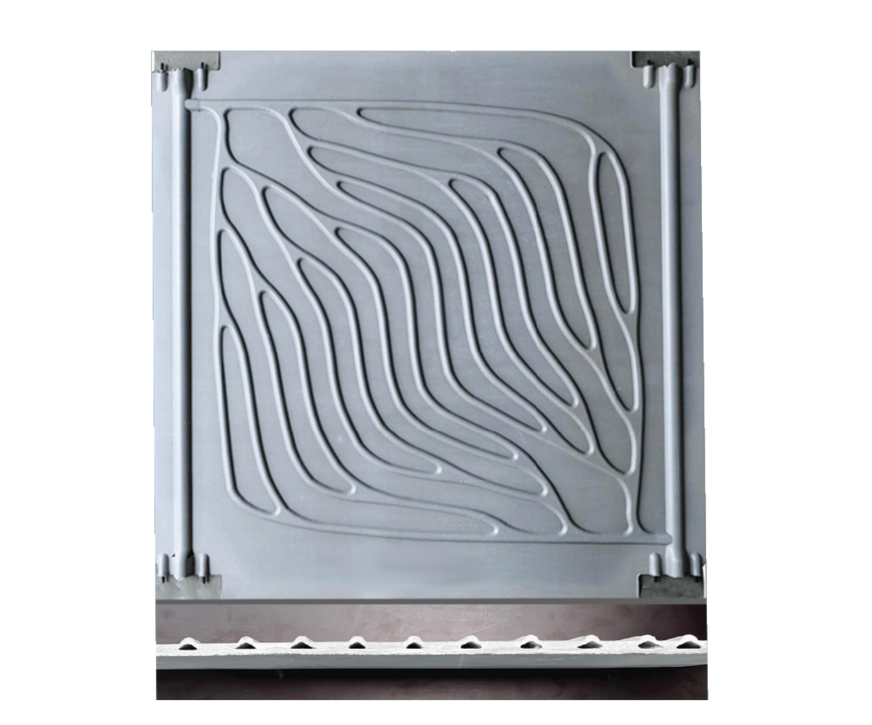 Rückseite eines Tabsolar-Elements mit bionischer Fractherm-Kanalstruktur, seitlichen Sammelkanälen und Hydraulikanschlussbuchsen (oben) sowie Schnitt durch ein Tabsolar-Element (unten).