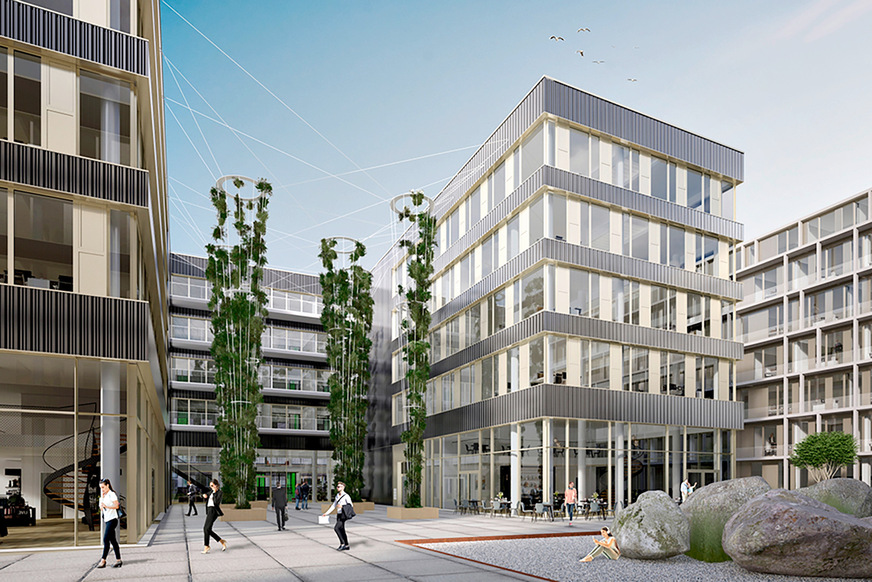 Bild 1 Zwei sich zugewandte Gebäude mit hufeisenförmigem Grundriss verbinden sich mit einem gemeinsamen Innenhof zum JobRad-Campus.