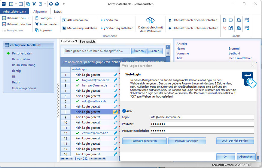 Weise Software: Die Verursacher der im Plan verorteten Mängel werden in der Adressdatenbank ausgewählt und erhalten Logins auf die Webplattform.