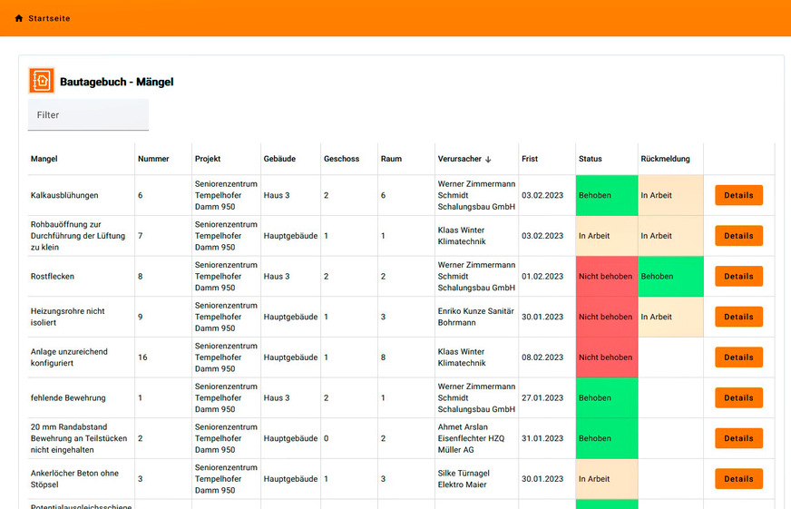 Weise Software: Bautagebuch-Modul „Mängelmanagement Web“.