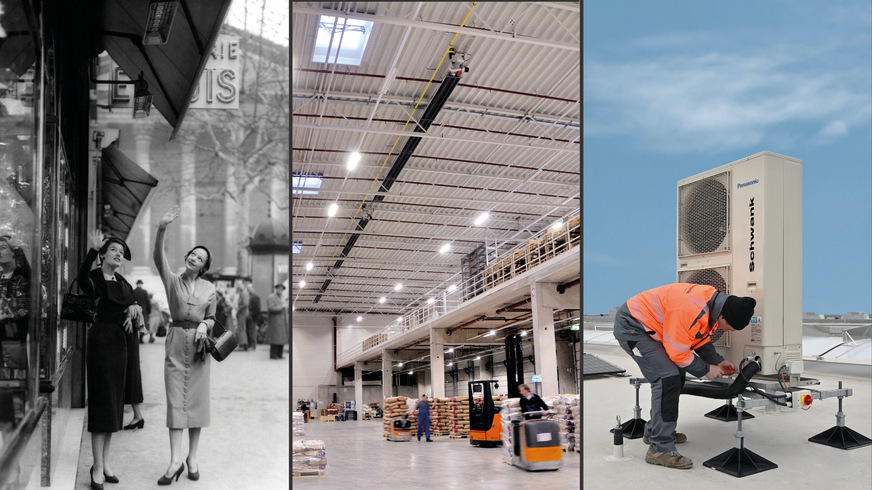 Infrarot-Hellstrahler von Schwank machten in den 1940er-Jahren das Einkaufen in Paris zum Erlebnis. Einen regelrechten Boom erlebte die Infrarotheizung Mitte der 1990er-Jahren mit der Weiterentwicklung zum Dunkelstrahler. Mit effizienten Wärmepumpen entwickelte sich Schwank Anfang der 2020er-Jahren zum ganzheitlichen Anbieter für Hallenwärme und -kälte&nbsp;(v.l.n.r).