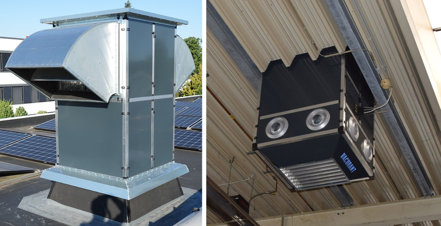 Bild 1 Rooftop VR3400 mit Wärmerückgewinner auf einem Hallendach. Weitwurfdüsen am raumseitigen Unterteil bringen die Zuluft mit hoher Induktionswirkung in den Raum ein.