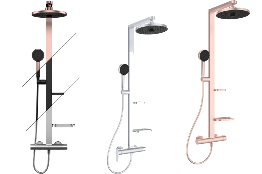 Das neue Duschsystem ALU+ von Ideal Standard ist in drei mattierten Oberflächen erhältlich, Silk Black, Rosé und Silver.