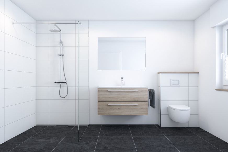 Modernisiertes barrierefreie Bad mit der Duschrinne CeraWall Connect von Dallmer und Bodenablaufpumpe Plancofix Connect von Pentair Jung Pumpen (Connect-Aktiventwässerung: www.dallmer.de/de/duschrinnensysteme/connect-aktiventwaesserung)