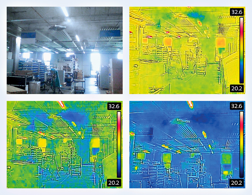 Bild 4 Abkühlung einer Halle um rund 4 °C beim Einsatz einer Hochdruckdüsen-Luftbefeuchtung. Die Wärmebilder sind im Abstand von fünf Minuten aufgenommen worden.