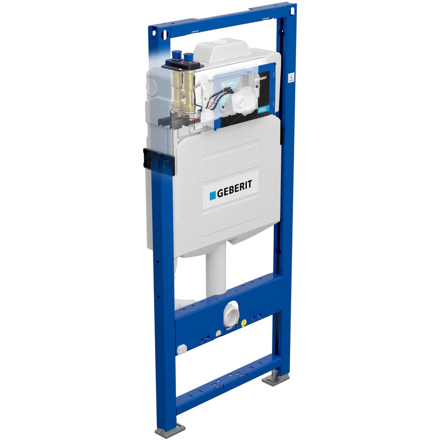 Bild 2 Vor einer Massiv- oder Trockenbauwand (raumhoch oder teilhoch) kommen typischerweise selbsttragende Sanitär-Tragständer / Montageelemente (z. B. für WC, Waschtisch oder Urinal usw.) zum Einsatz. Hier im Bild: WC-Element mit integrierter Hygienespülung.