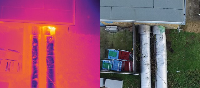 Bild 3 Thermografieaufnahme einer Fernwärmeleitung im rund 240 km langen Leitungsnetz der Stadtwerke Schwerin mit einer Schwachstelle in der Wärmedämmung. Auch die unvermeidbaren Wärmeverluste leitungsgebundener Wärme sind ein Rucksack, der besonders effiziente Großwärmepumpen und zusätzlich direkte Wärmeeinspeisungen erforderlich macht, um die gleiche Stromeffizienz wie dezentrale Wärmepumpensysteme erreichen zu können.