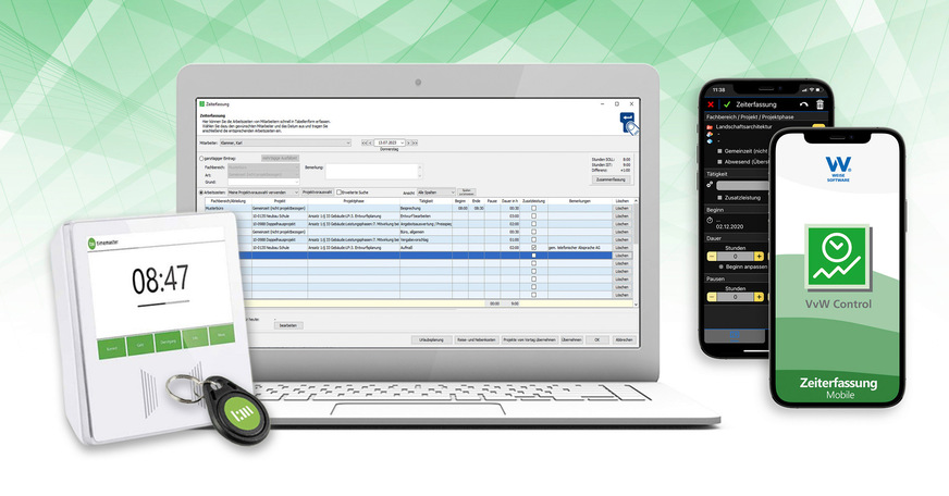 Bild 3 Die Grundlage für Auswertungen und Controlling bildet die digitale Zeiterfassung – wahlweise im Büro per Erfassungs-Terminal, am Homeoffice-Arbeitsplatz oder mobil per App.