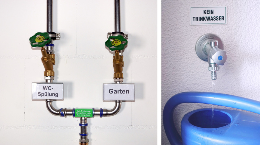 Bild 5 Regenwasser-Verteilleitungen, die nicht erdverlegt sind, müssen dauerhaft und farblich unterschiedlich zu Trinkwasserleitungen gekennzeichnet sein. Auch frei zugängliche Entnahmestellen benötigen Hinweisschilder.