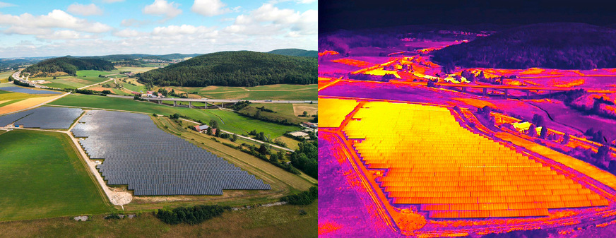 Bild 13 Drohnen erfassen auch große Anlagen schnell und aus beliebiger Perspektive. So lassen sich auch Freiflächenanlagen in relativ kurzer Zeit thermografisch erfassen und dokumentieren.