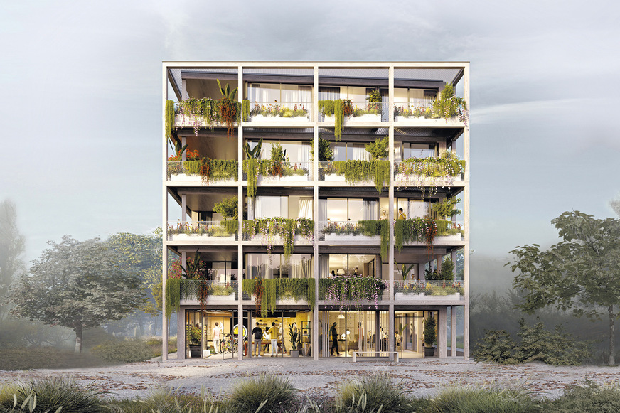 Ein Haus für die Gemeinschaft bildet der Neubau der Wohnwerk Mannheim eG, das Rendering zeigt den Blick auf die Frontansicht.