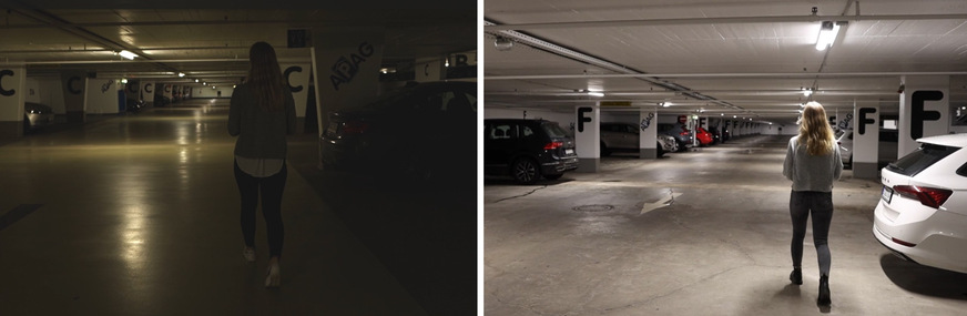 Bild 2 Lichtqualität im Eurogress-Parkhaus vor und nach der Modernisierung der Beleuchtung.