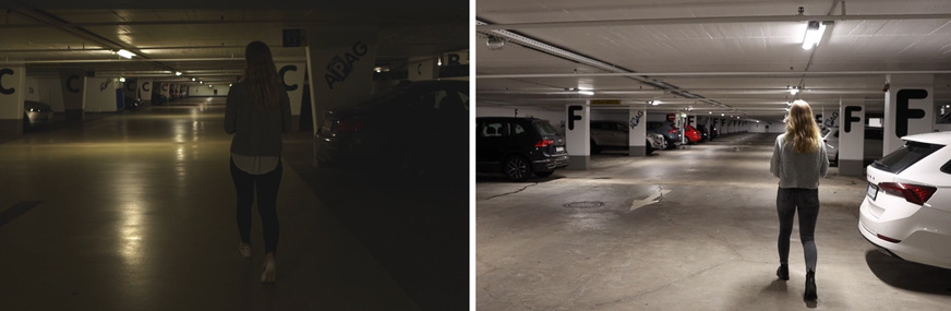 Bild 2 Lichtqualität im Eurogress-Parkhaus vor und nach der Modernisierung der Beleuchtung.