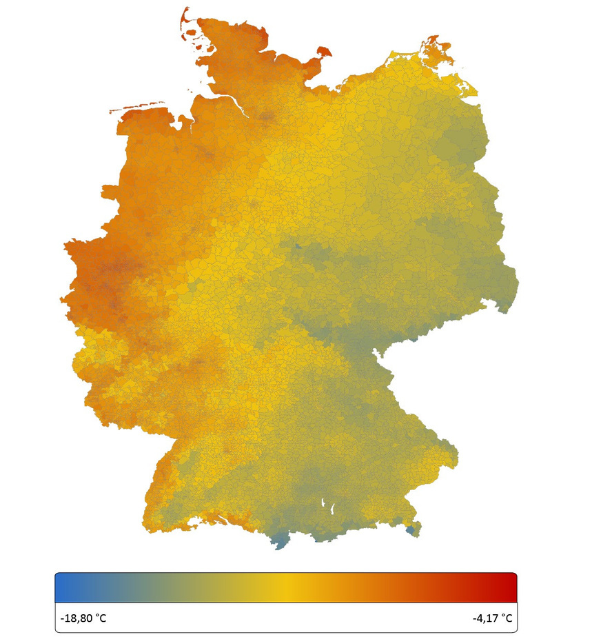 Bild 4 Da Deutschland verschiedene Klimabereiche hat, wird die Heizlast jeweils individuell für den Gebäudestandort bestimmt. Als Grundlage dafür dienen die in DIN/TS 12831-festgelegten Normaußentemperaturen. Der Bundesverband Wärmepumpe (BWP) hat dafür eine interaktive Klimakarte ins Netz gestellt.