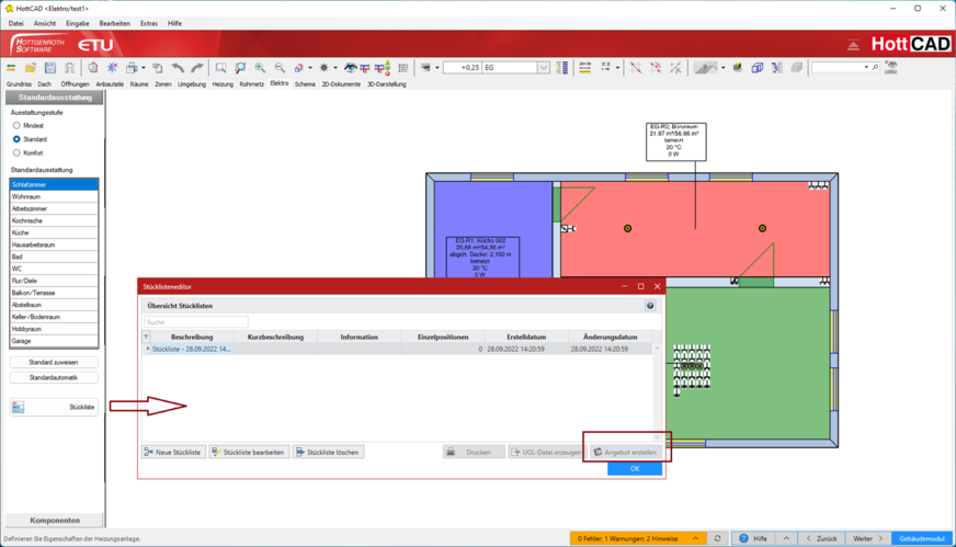 Hottgenroth: Stücklistenerstellung für elektrotechnische Standardinstallationen und frei geplante Komponenten in HottCAD E.