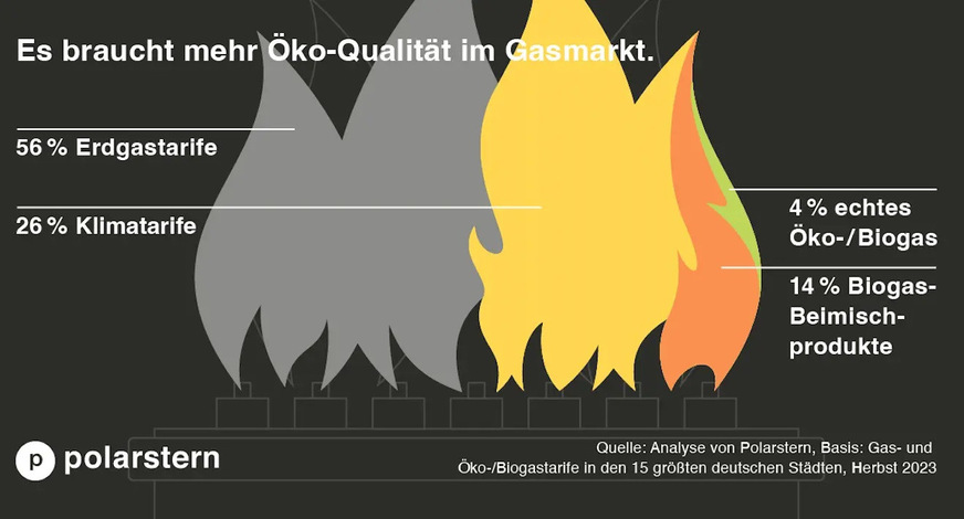 Ungewichtete Struktur der Gastarife in den 15 größten Städten Deutschlands. Klimatarife, bei denen die CO2-Emissionen kompensiert werden, erfüllen nicht die GEG-Kriterien für Grüngas.