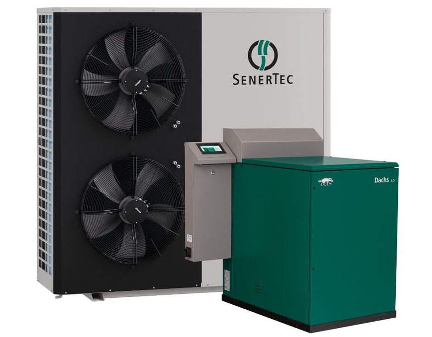 HyPer Dachs. Die SenerTec-Hybridlösung kombiniert ein Dachs-BHKW mit einer Wärmepumpe, die 65 % der Wärme bereitstellt. Das Gesamtsystem erfüllt damit alle heizungstechnischen 65-%-EE-Anforderungen des GEG.