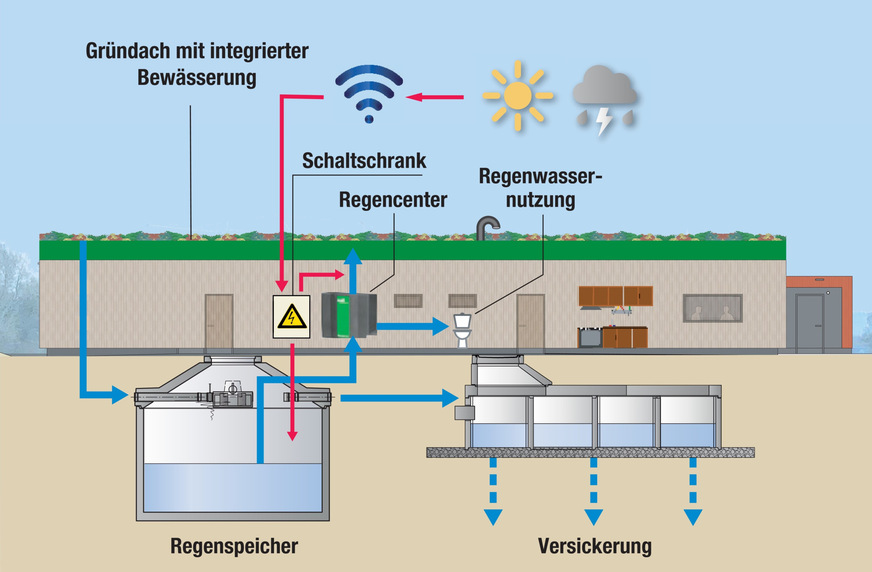 Bild 3 Schema der Regenwasserbewirtschaftung beim Neubau des SSC-Vereinsheims. Seit der Fertigstellung im November 2023 werden 100 % des Regenwassers auf dem Gelände bewirtschaftet. Ein Kanalanschluss für Regenwasser existiert nicht.