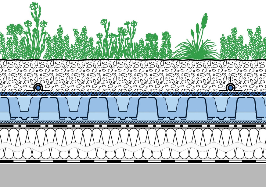 Bild 4 Schemadetail Aufbau des extensiven Retentions-Gründachs Sponge City Roof. Oberhalb von Dämmung und Dichtung 8 cm hohe Spacer-Elemente mit Hohlräumen für flächigen Wasserspeicher. Darüber wasserdurchlässige Trennlage Aquafleece mit Tropfbewässerung und 8 cm hoher Substratschicht.