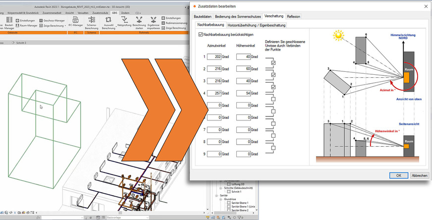 Solar-Computer: Schattenwerfende Nachbargebäude lassen sich aus Revit-Körper-Kategorien in Simulationsprogramme übernehmen.