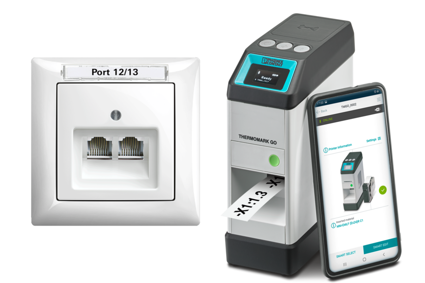 Mithilfe des THERMOMARK GO und der MARKING system App von Phoenix Contact können die Produkte von Busch-Jaeger schnell und einfach beschriftet werden.